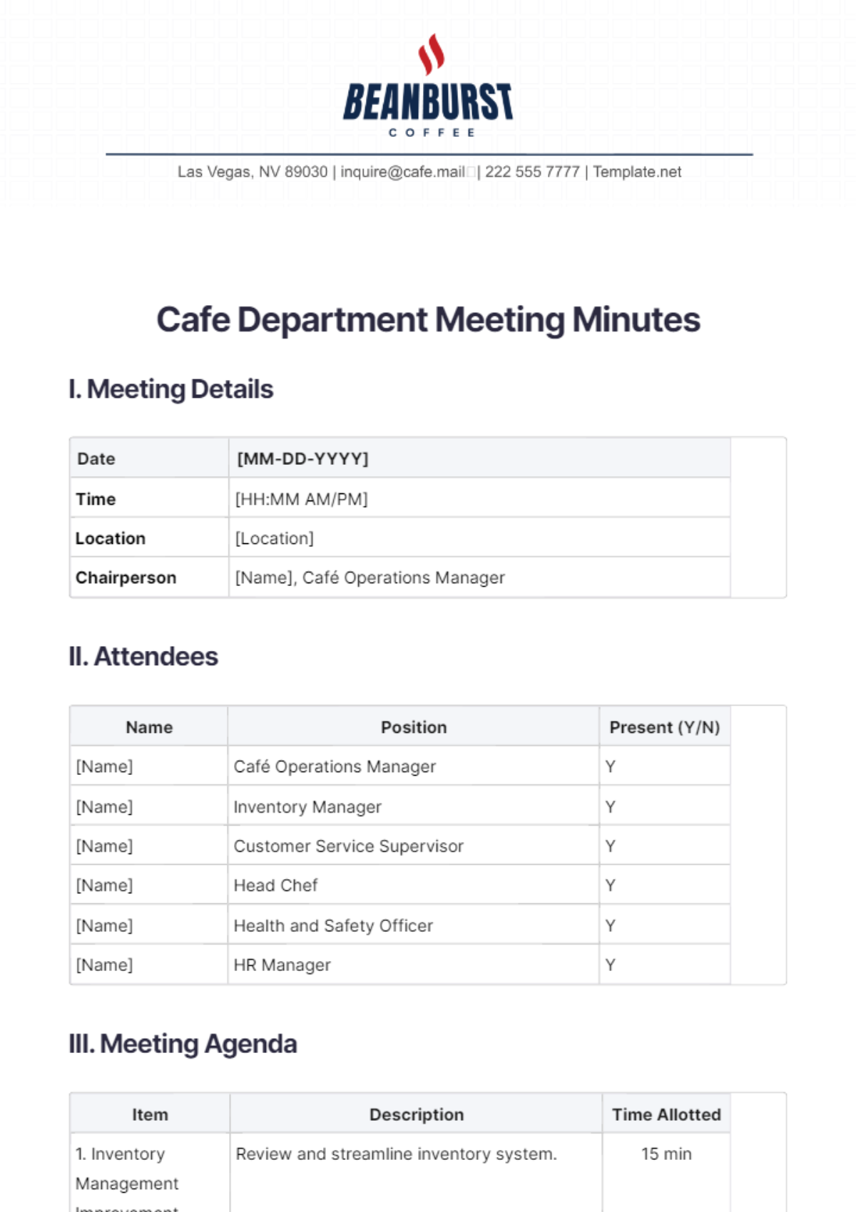 Cafe Department Meeting Minutes Template - Edit Online & Download