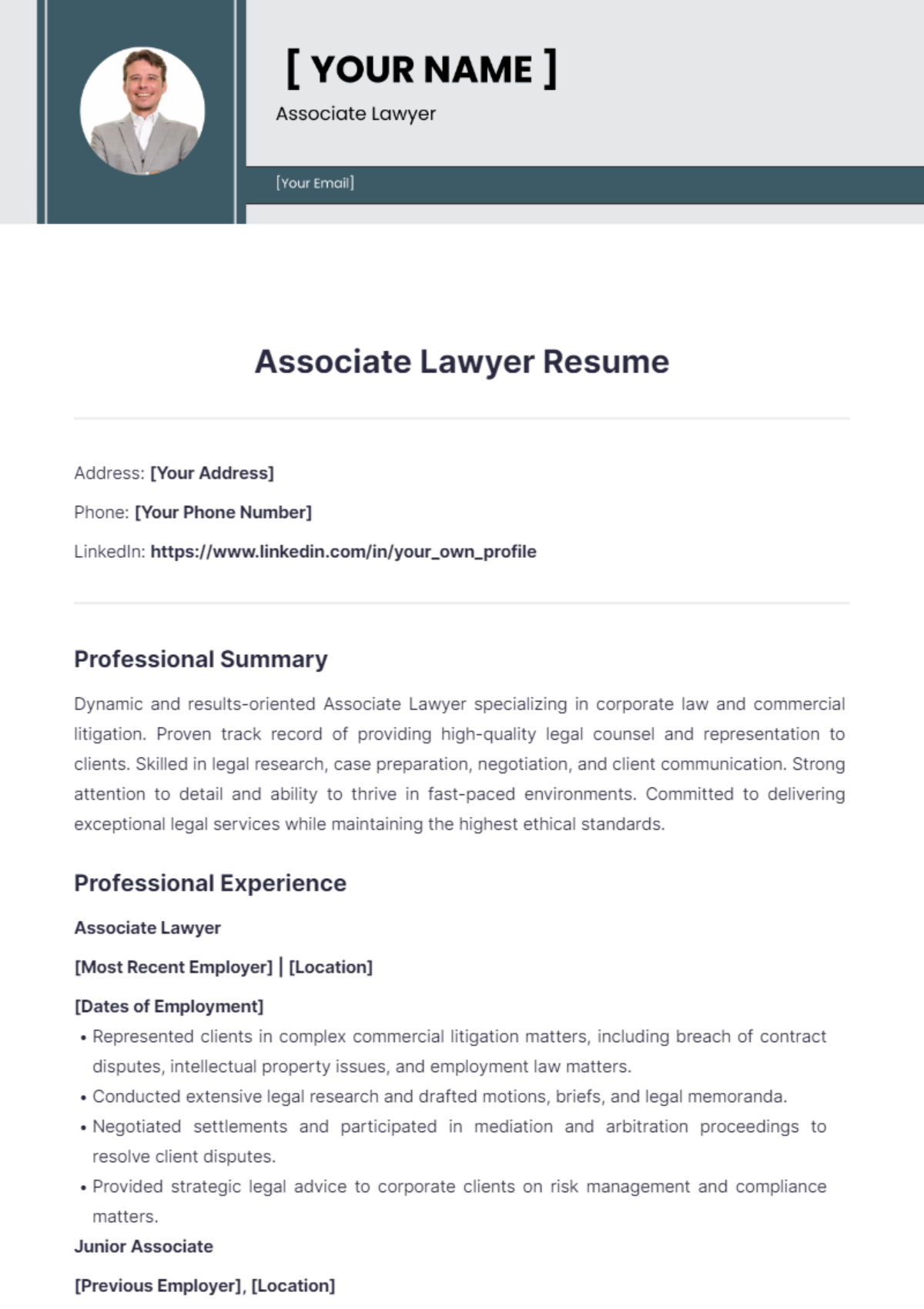 Associate Lawyer Resume - Edit Online & Download