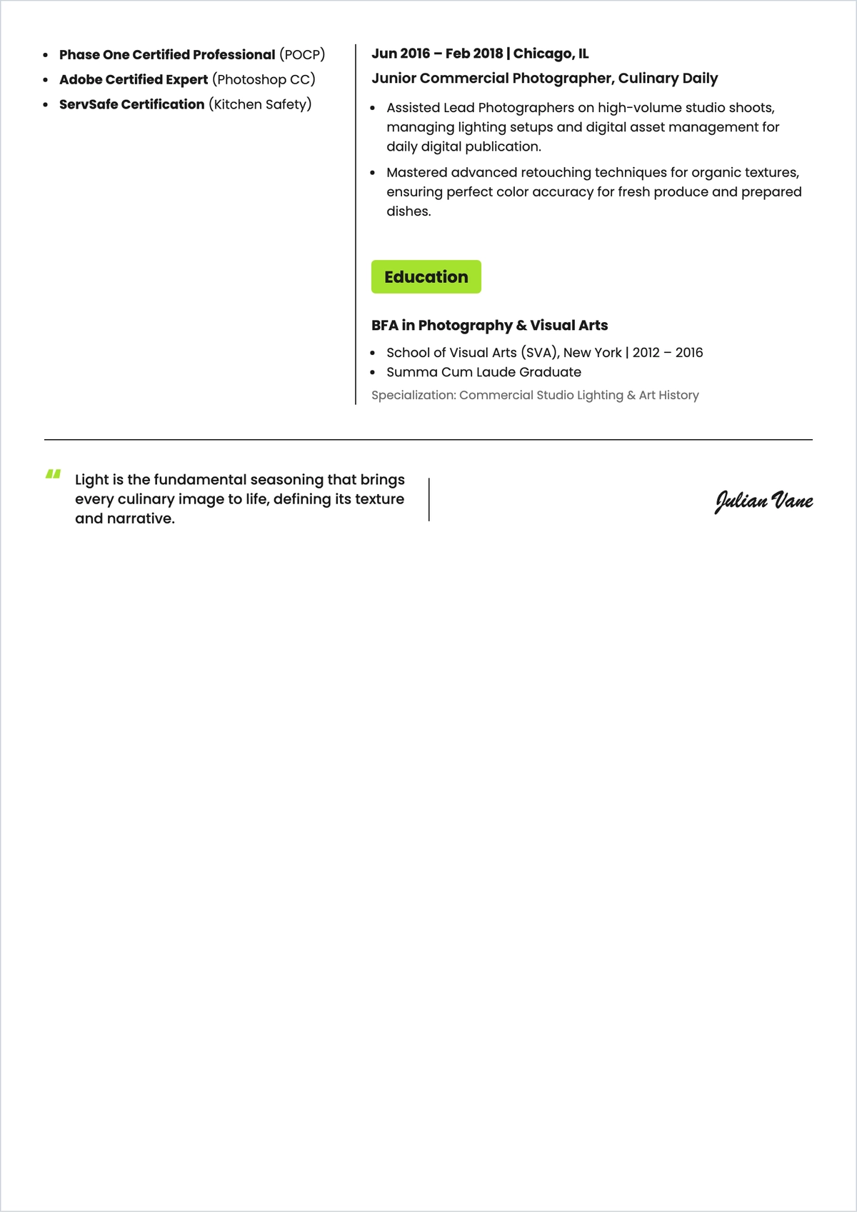 Free Food Photographer ATS Resume Template, AI Resume Builder