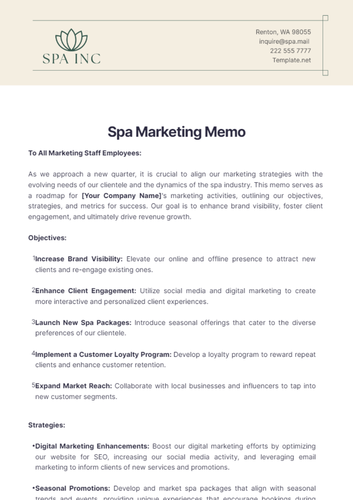 Spa Marketing Memo Template - Edit Online & Download