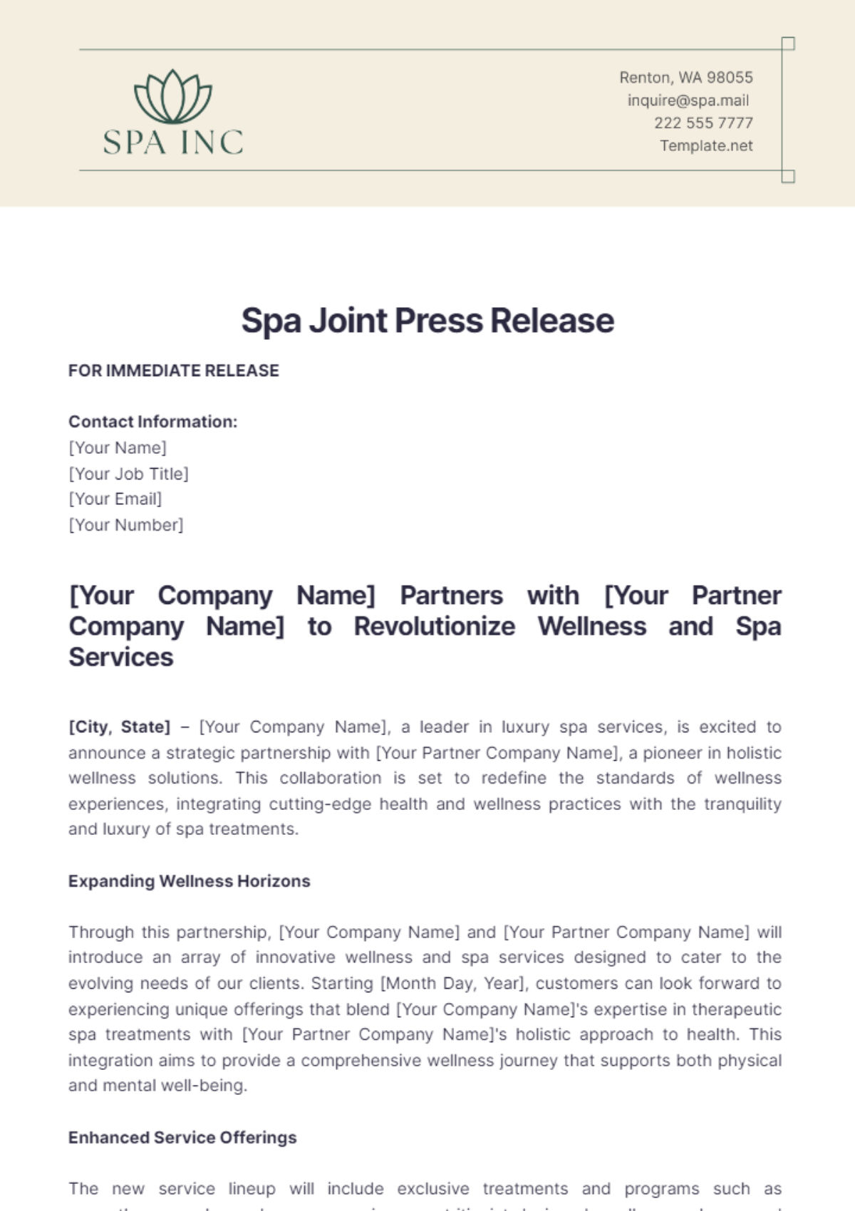 Spa Joint Press Release Template - Edit Online & Download