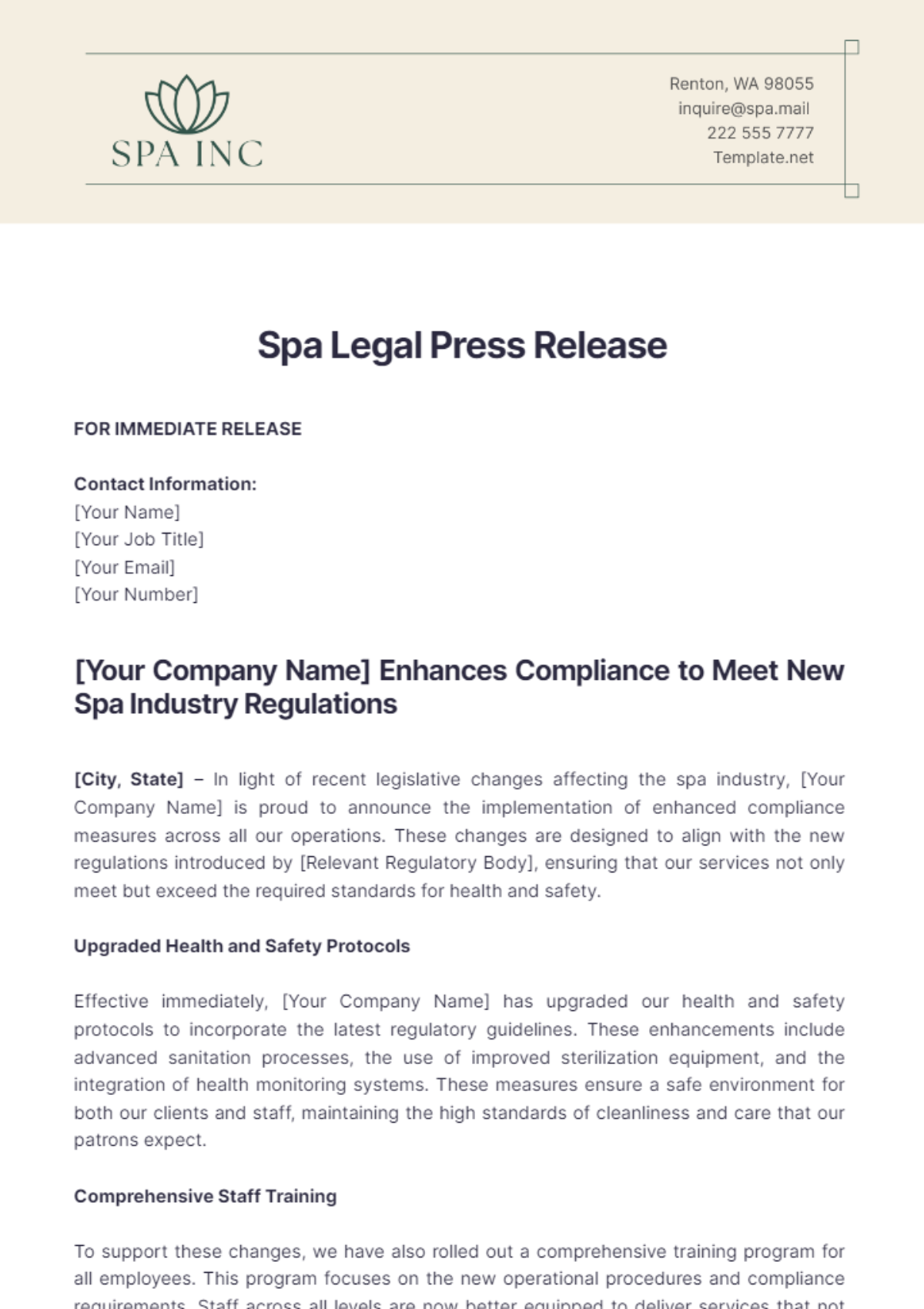 Spa Legal Press Release Template - Edit Online & Download