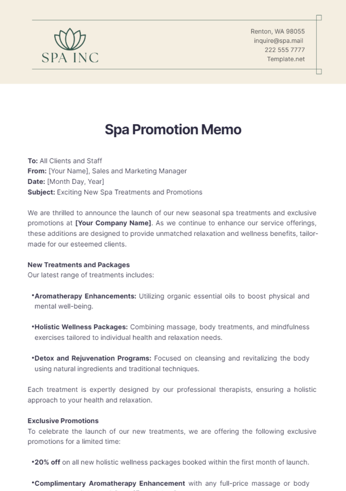 Spa Promotion Memo Template - Edit Online & Download