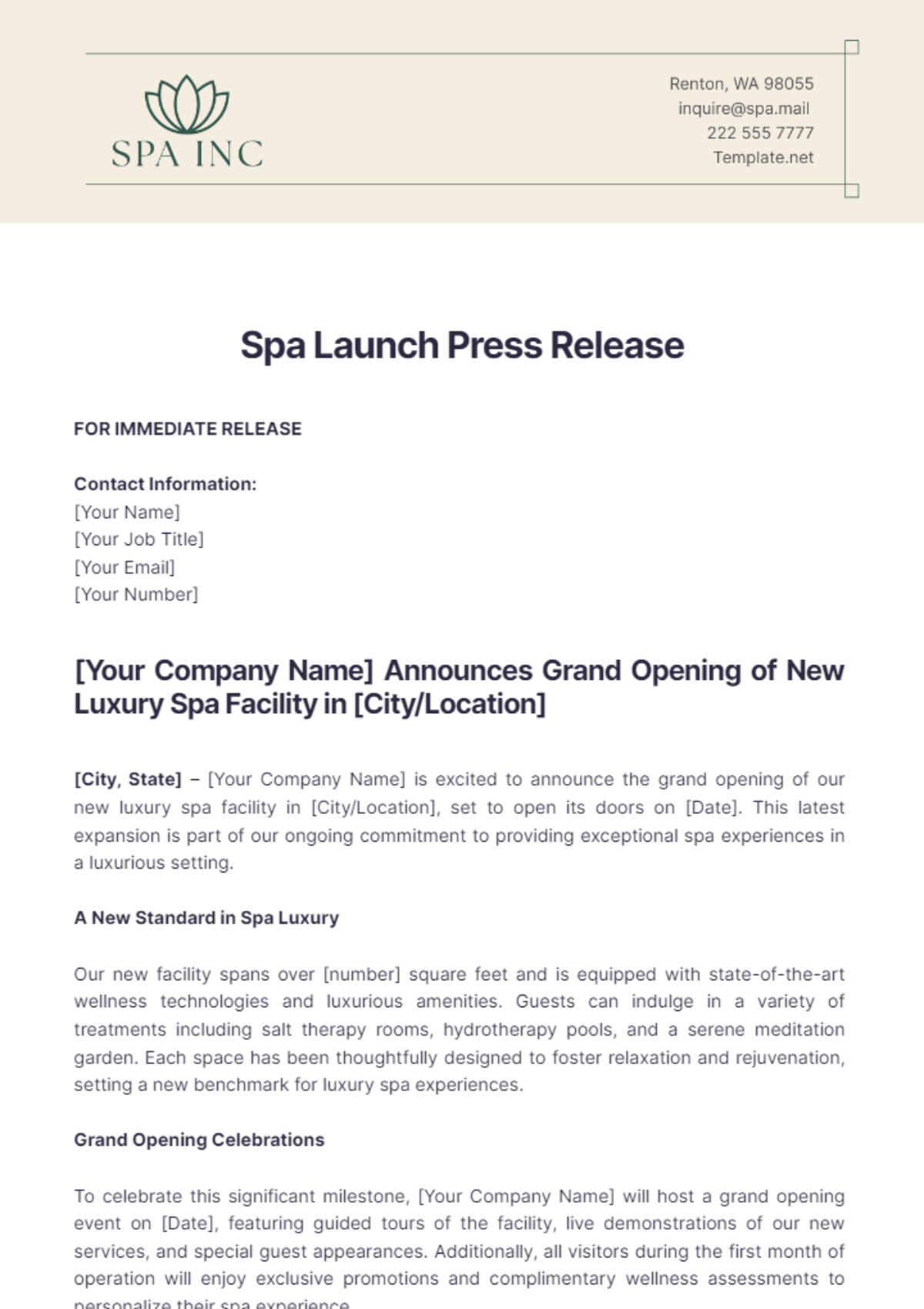 Spa Launch Press Release Template - Edit Online & Download