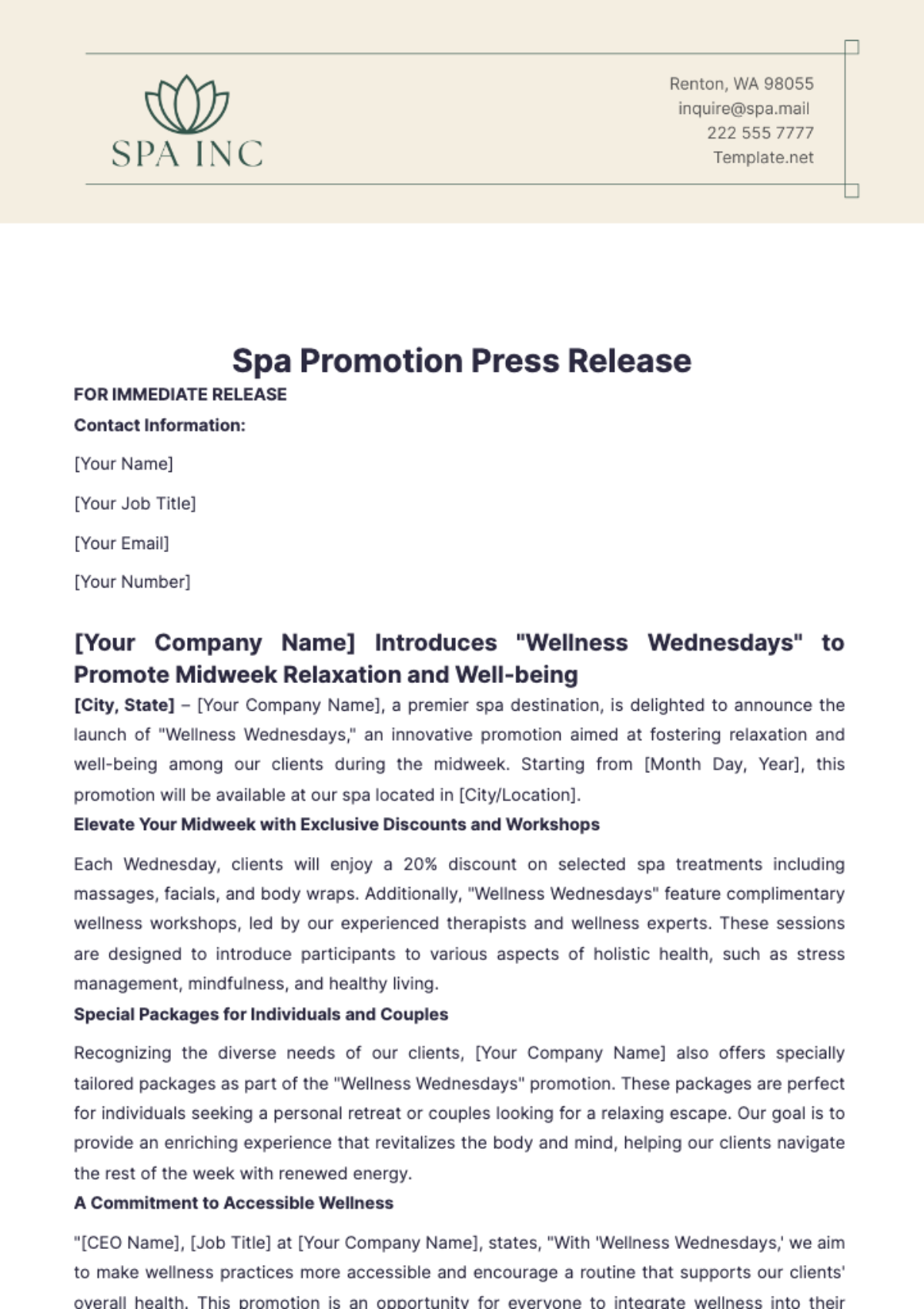 Spa Promotion Press Release Template - Edit Online & Download