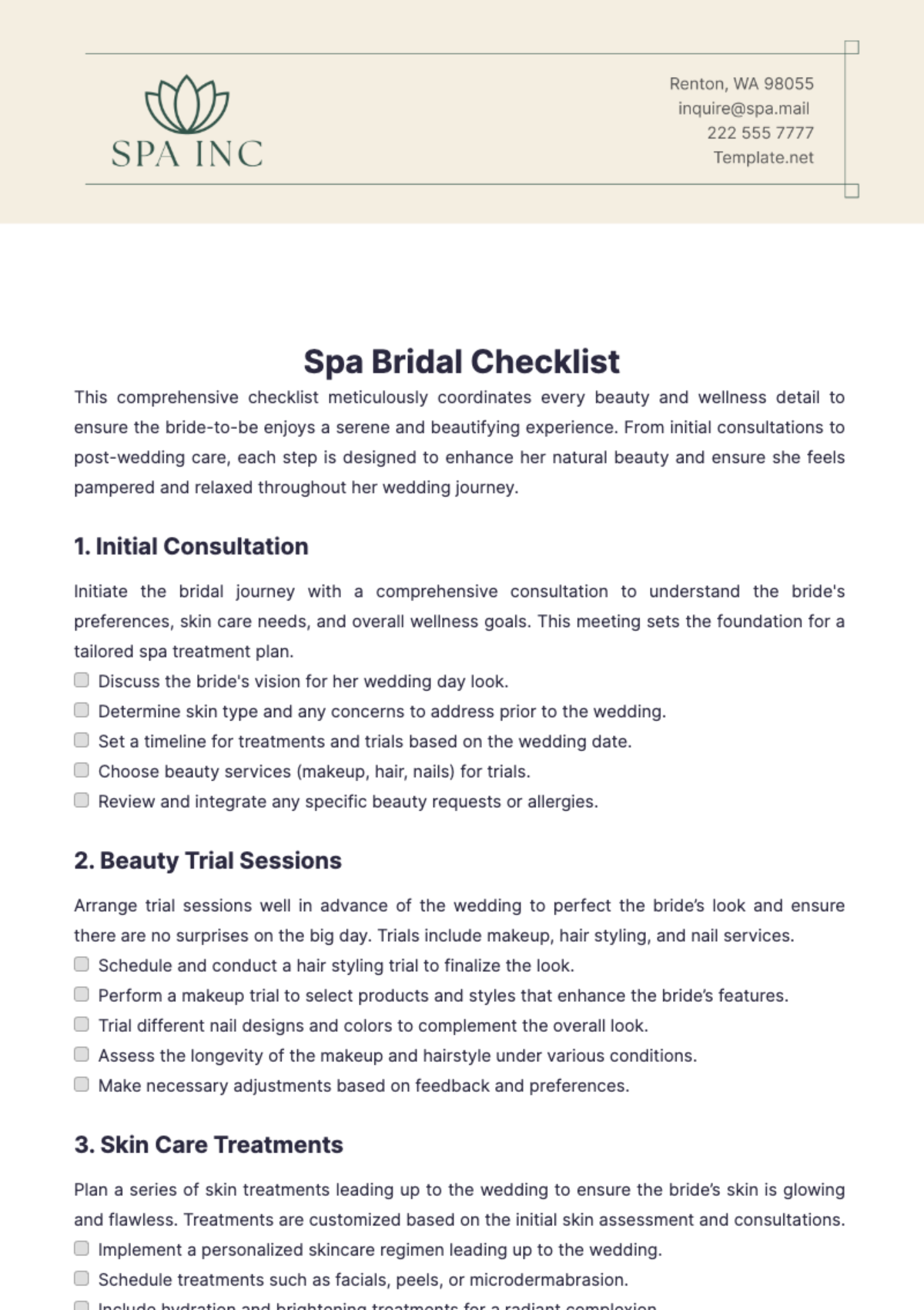 Free Spa Bridal Checklist Template to Edit Online