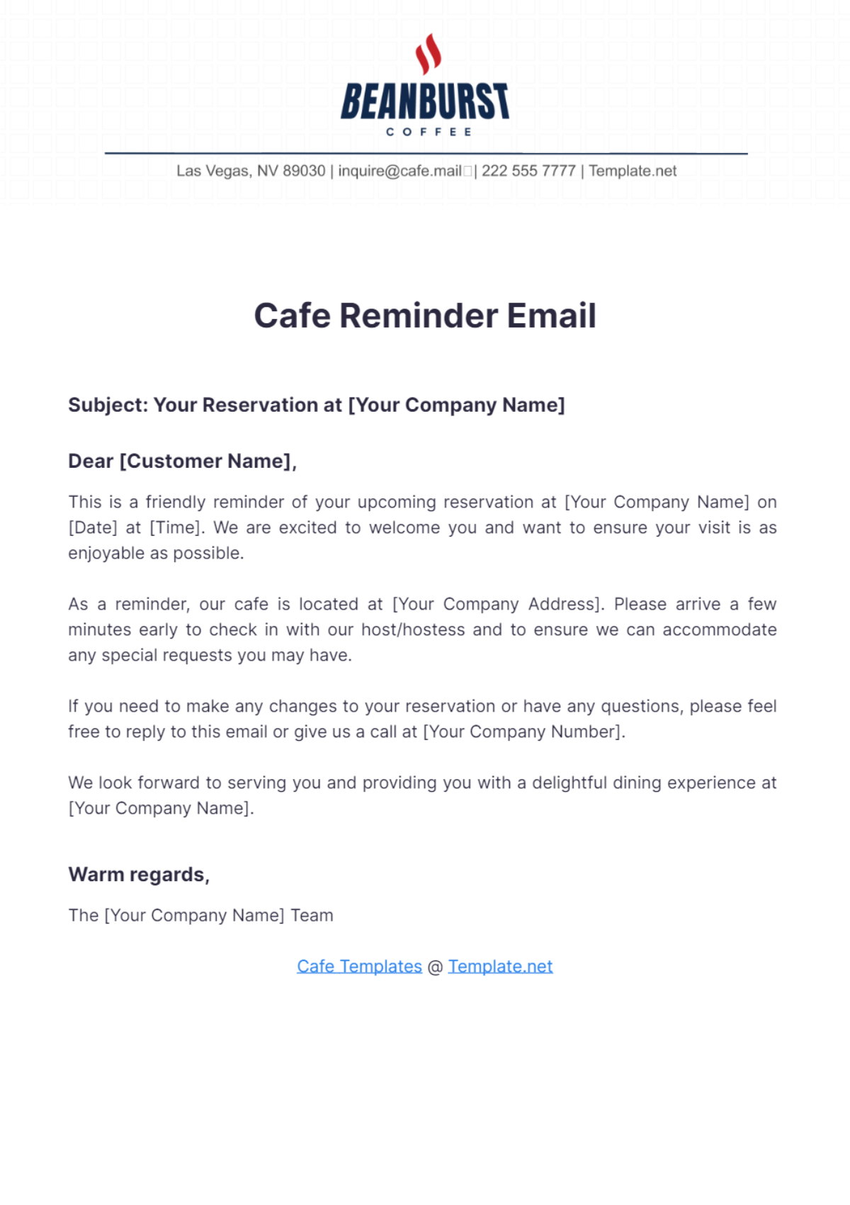 Cafe Reminder Email Template - Edit Online & Download