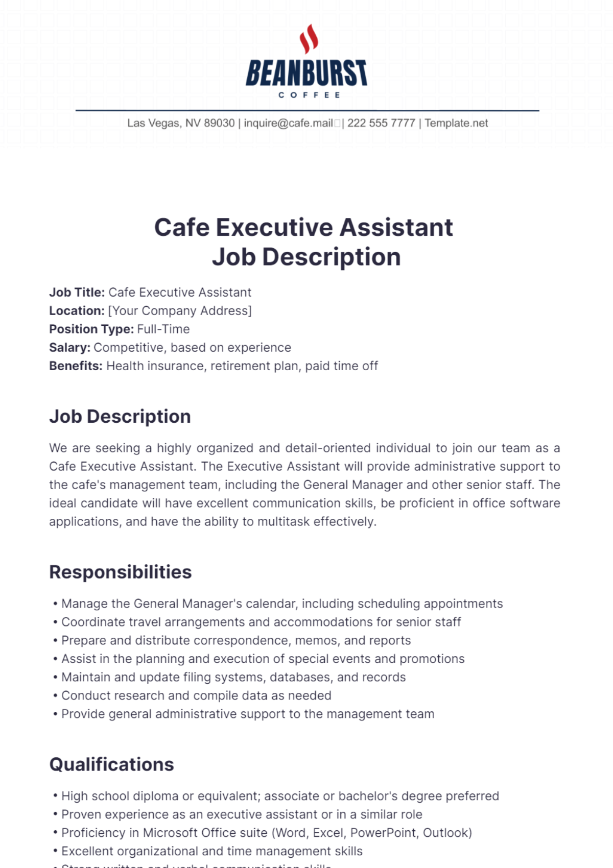 Cafe Executive Assistant Job Description Template - Edit Online & Download