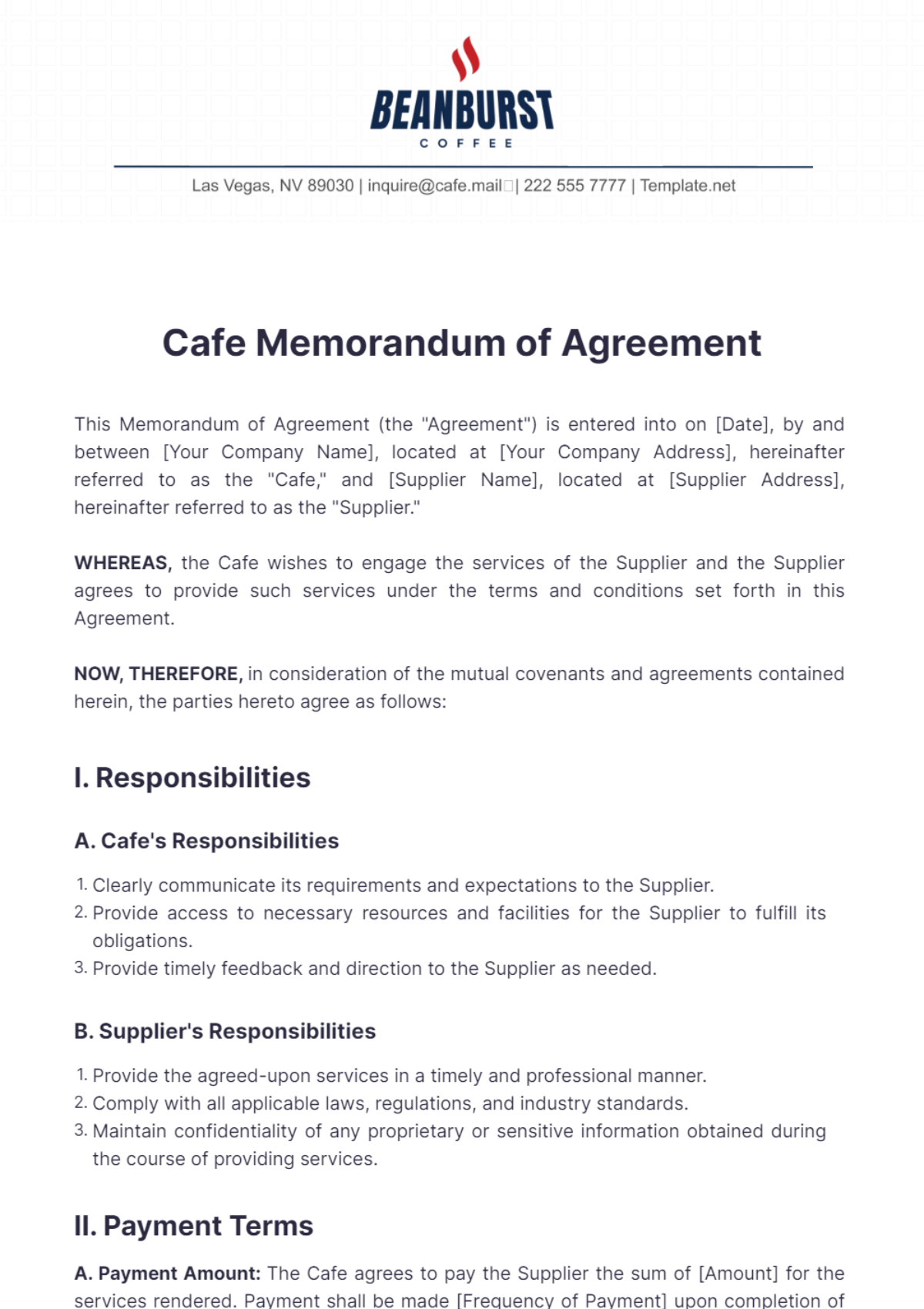 Cafe Memorandum of Agreement Template - Edit Online & Download