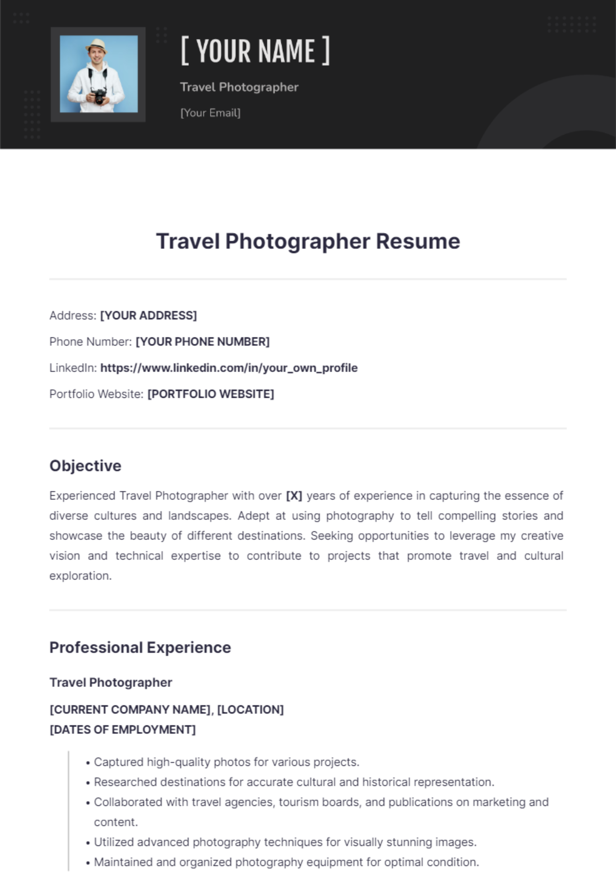 Travel Photographer Resume - Edit Online & Download