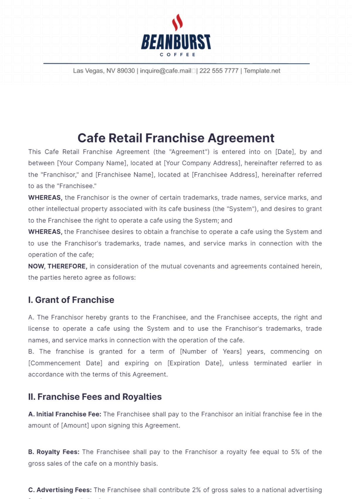 Cafe Retail Franchise Agreement Template - Edit Online & Download