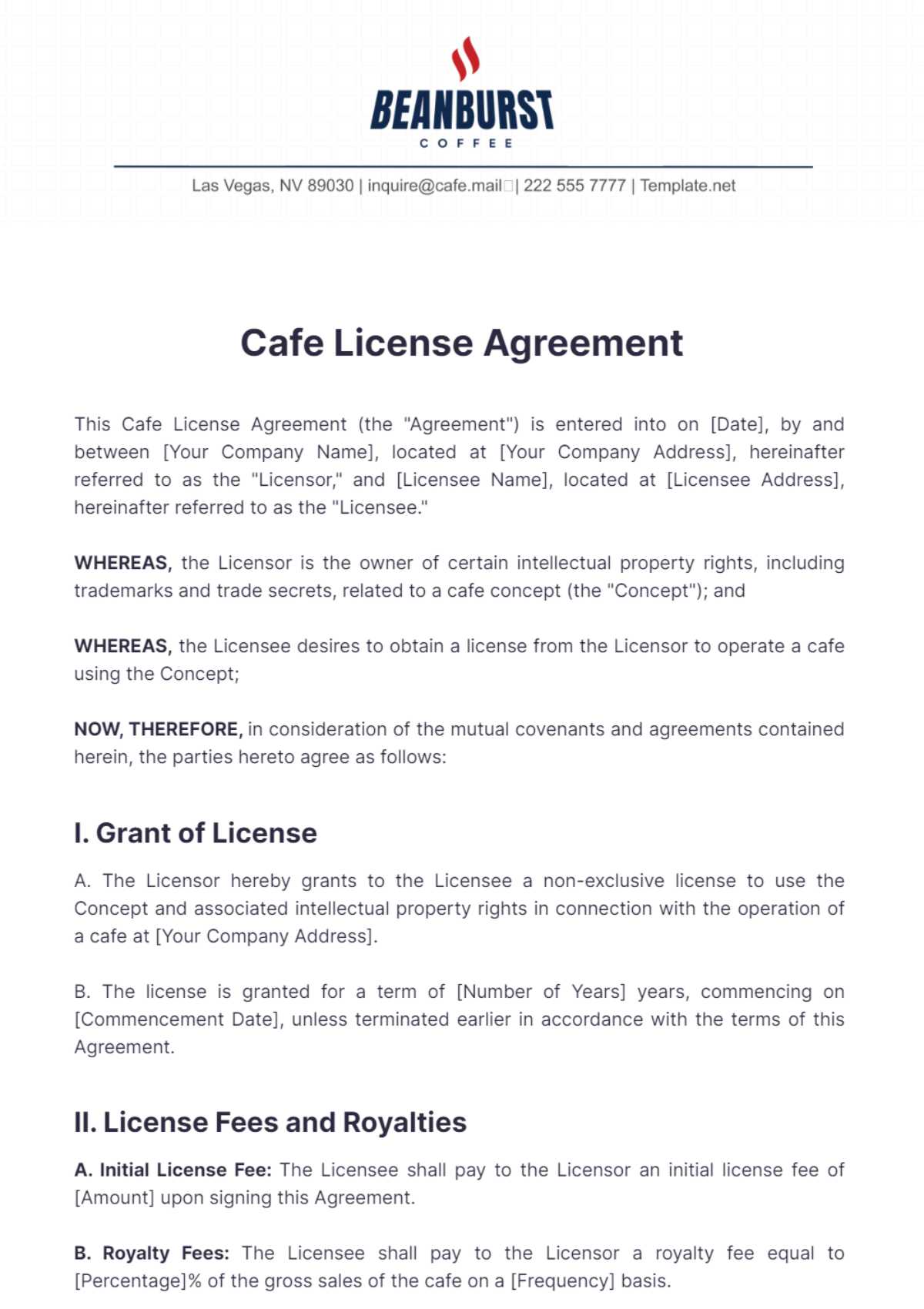 Cafe License Agreement Template - Edit Online & Download