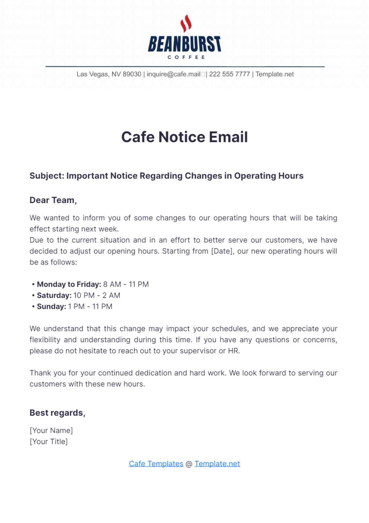 Cafe Notice Email Template - Edit Online & Download