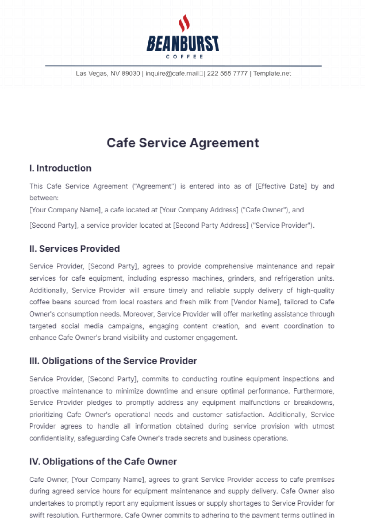 Cafe Service Agreement Template - Edit Online & Download