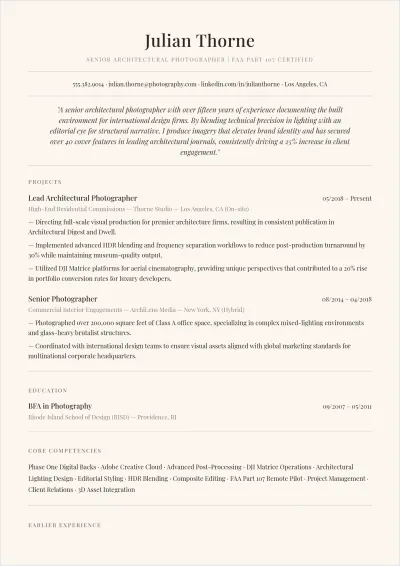 Free Architectural Photographer ATS Resume Template, AI Resume Builder