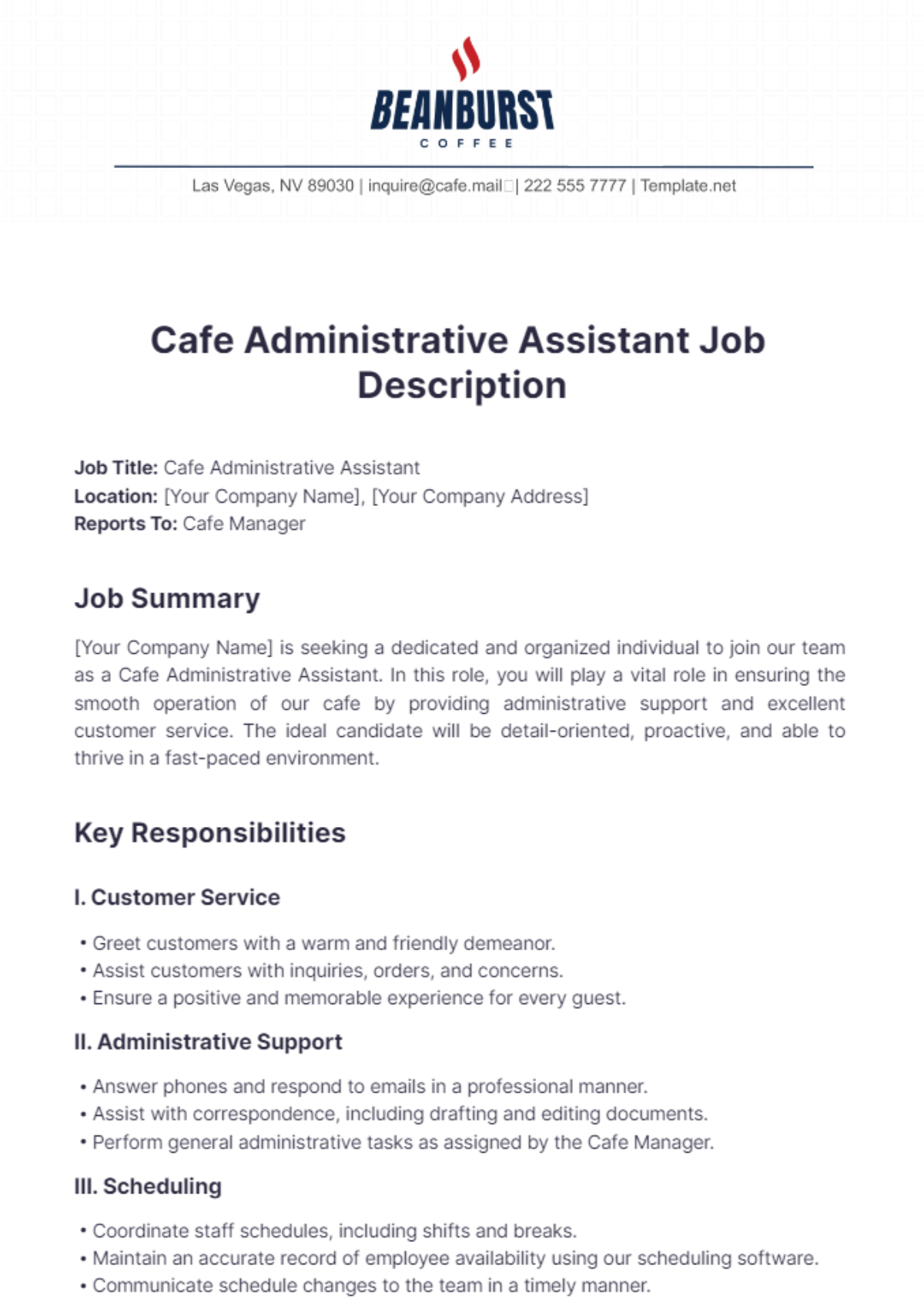 Cafe Administrative Assistant Job Description Template - Edit Online & Download