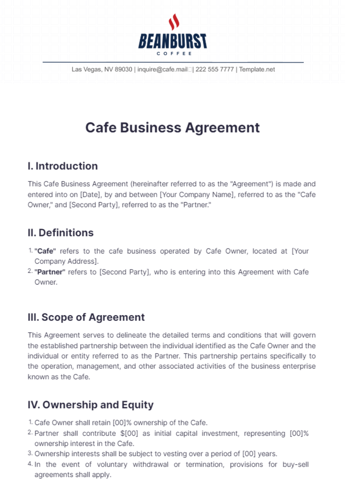 Cafe Business Agreement Template - Edit Online & Download