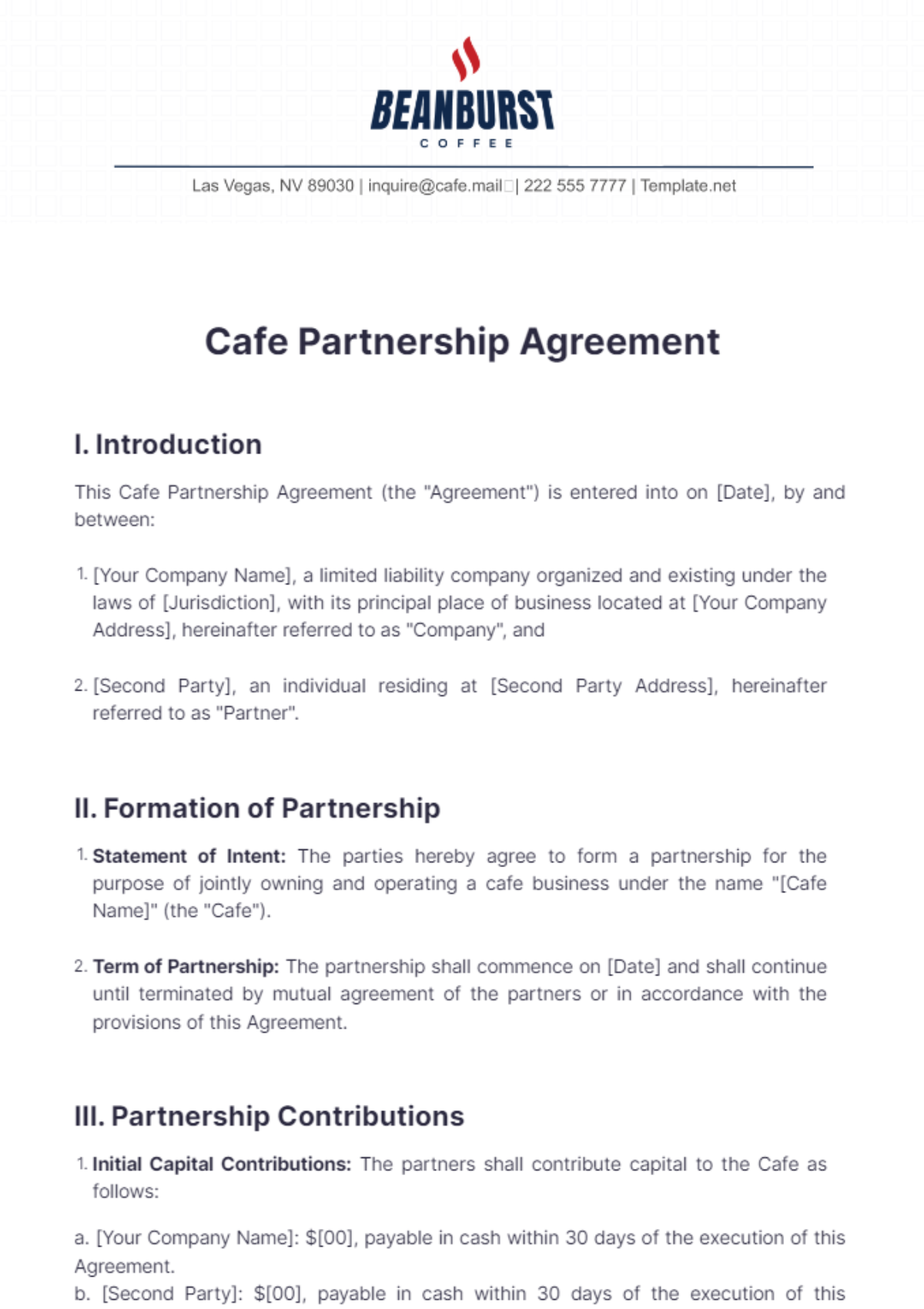 Cafe Partnership Agreement Template - Edit Online & Download