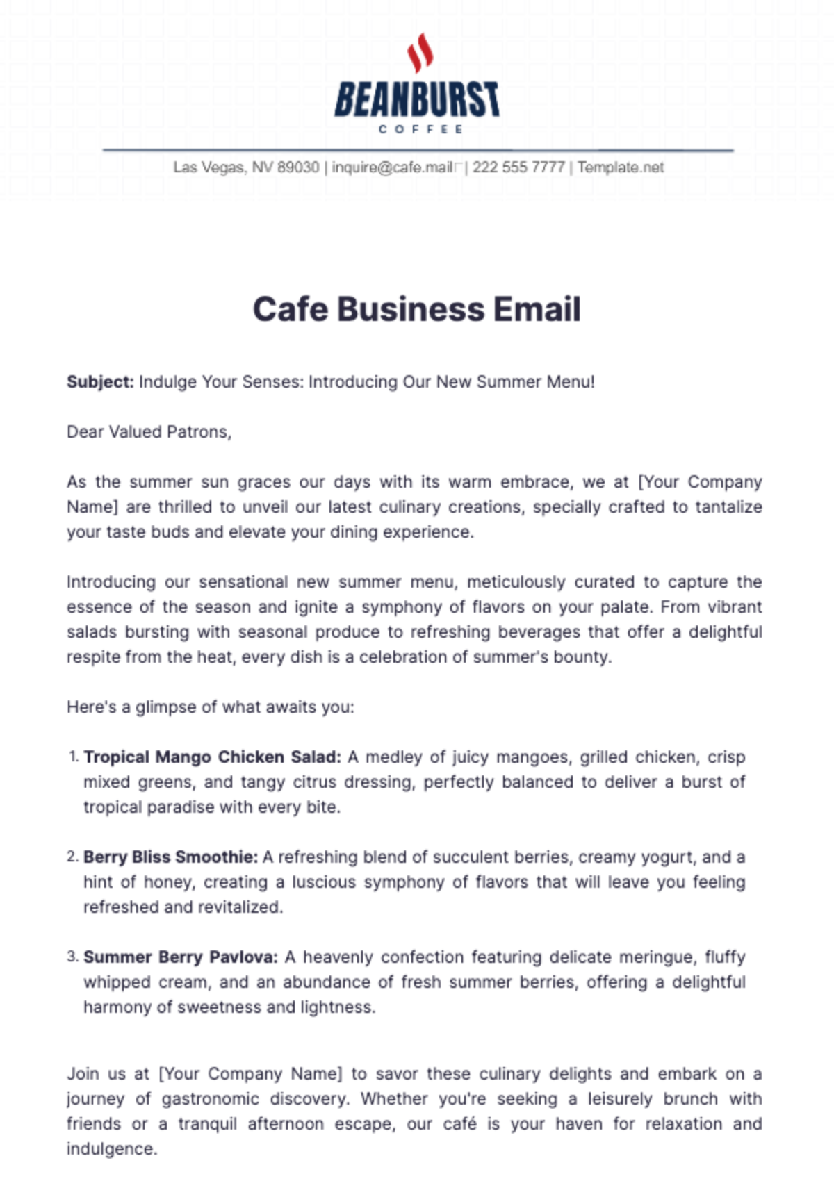 Cafe Business Email Template - Edit Online & Download