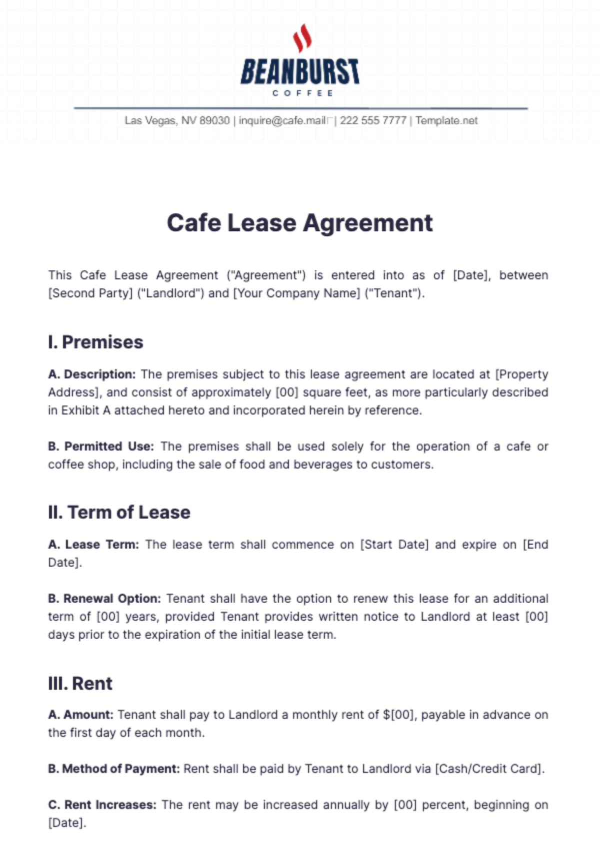 Cafe Lease Agreement Template - Edit Online & Download