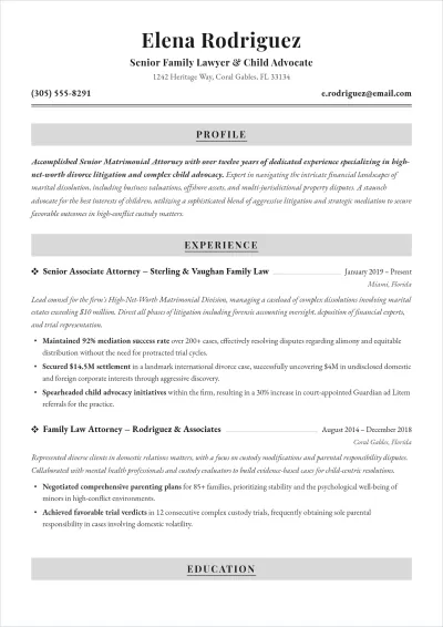 Free Family Lawyer ATS Resume Template, AI Resume Builder