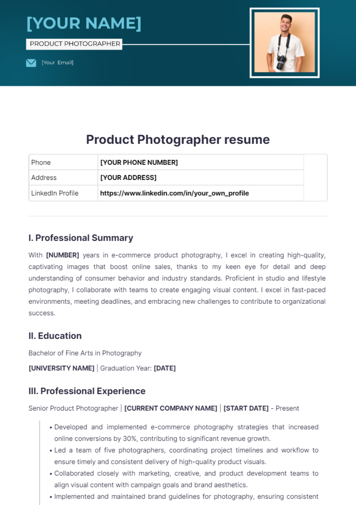 Product Photographer resume - Edit Online & Download