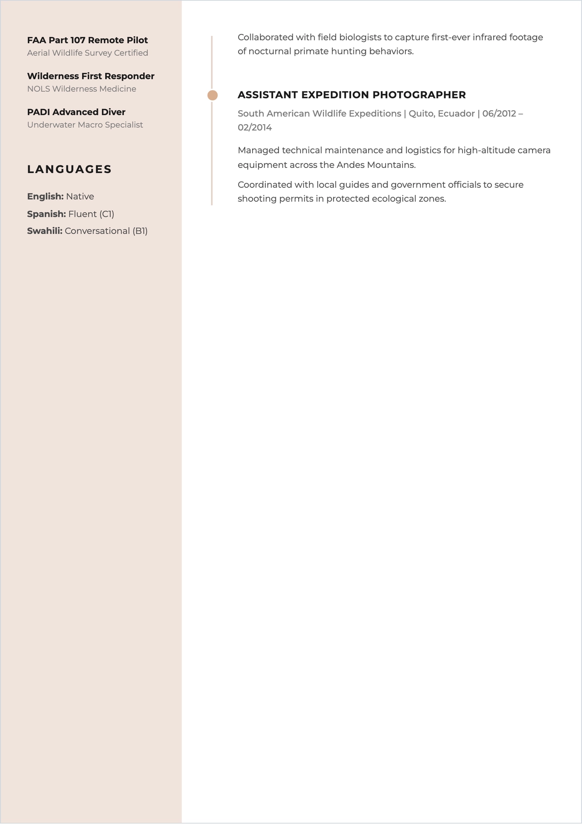 Free Wildlife Photographer ATS Resume Template, AI Resume Builder