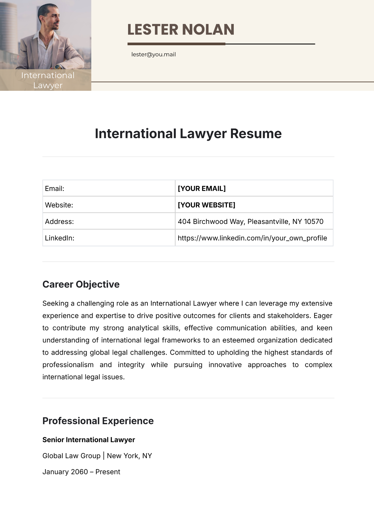 Free International Lawyer Resume Template