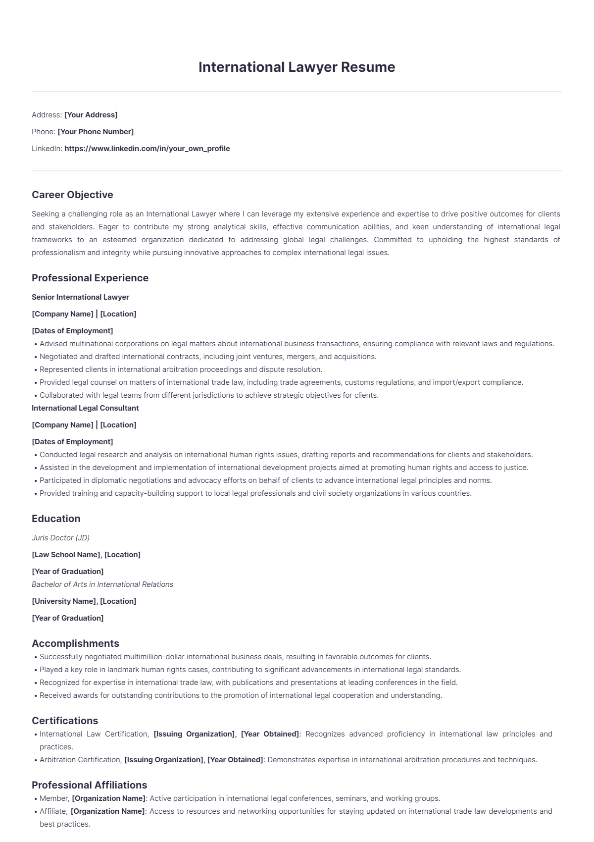 International Lawyer Resume - Edit Online & Download