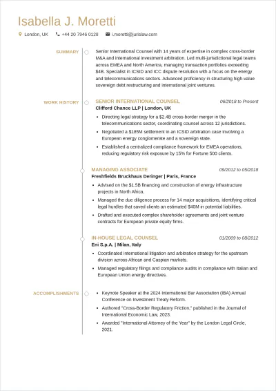 Free International Lawyer ATS Resume Template, AI Resume Builder
