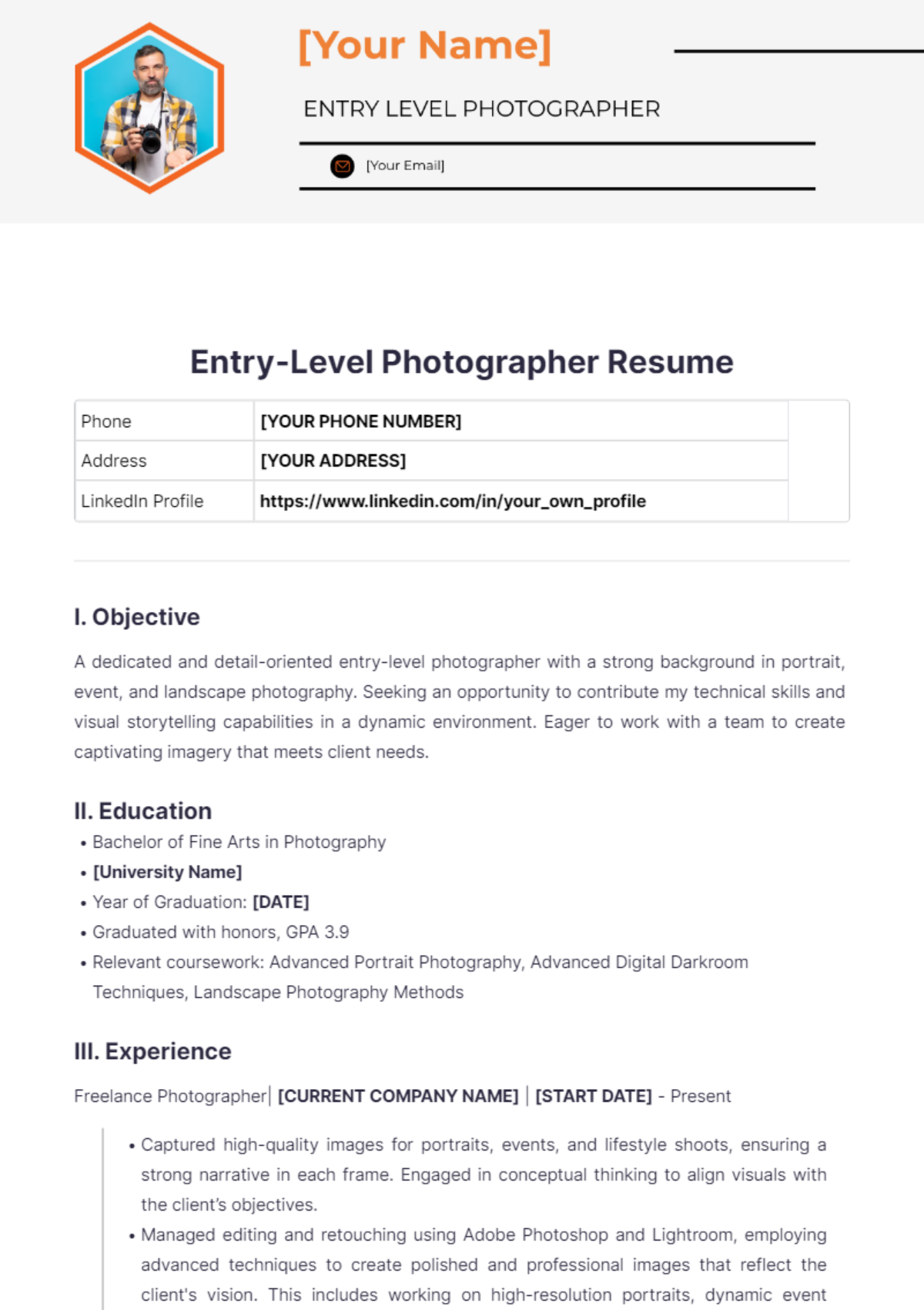 Entry Level Photographer Resume - Edit Online & Download