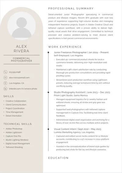 Free Entry Level Photographer ATS Resume Template, AI Resume Builder