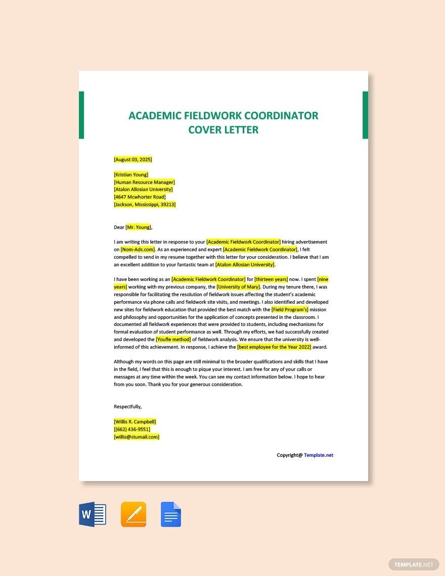 Academic Fieldwork Coordinator Cover Letter Template