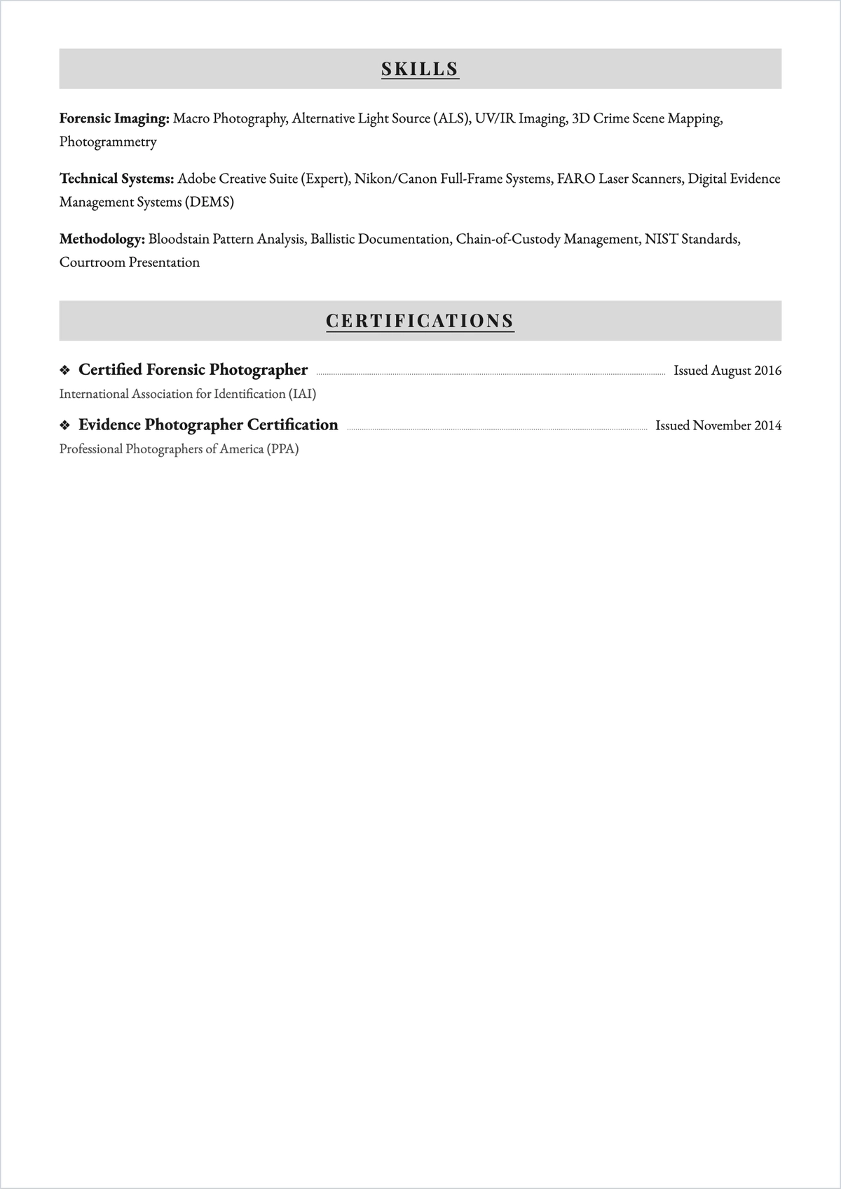 Free Forensic Photographer ATS Resume Template, AI Resume Builder
