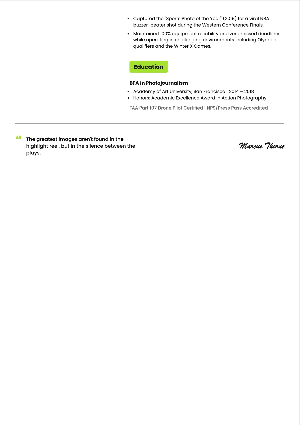Free Sports Photographer ATS Resume Template, AI Resume Builder