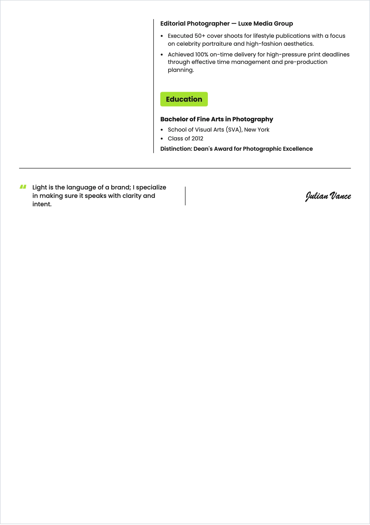 Free Experienced Photographer ATS Resume Template, AI Resume Builder