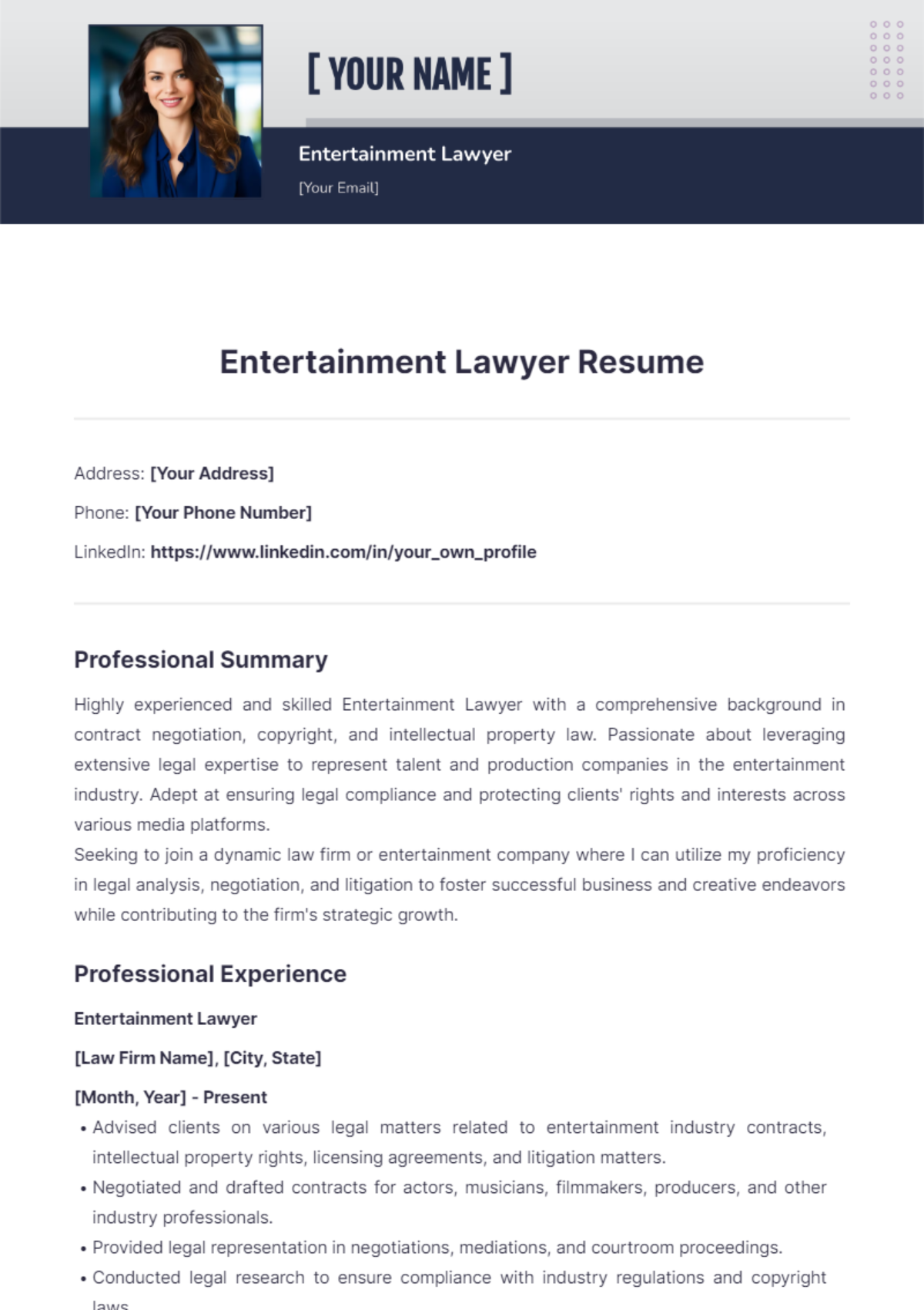 Entertainment Lawyer Resume - Edit Online & Download