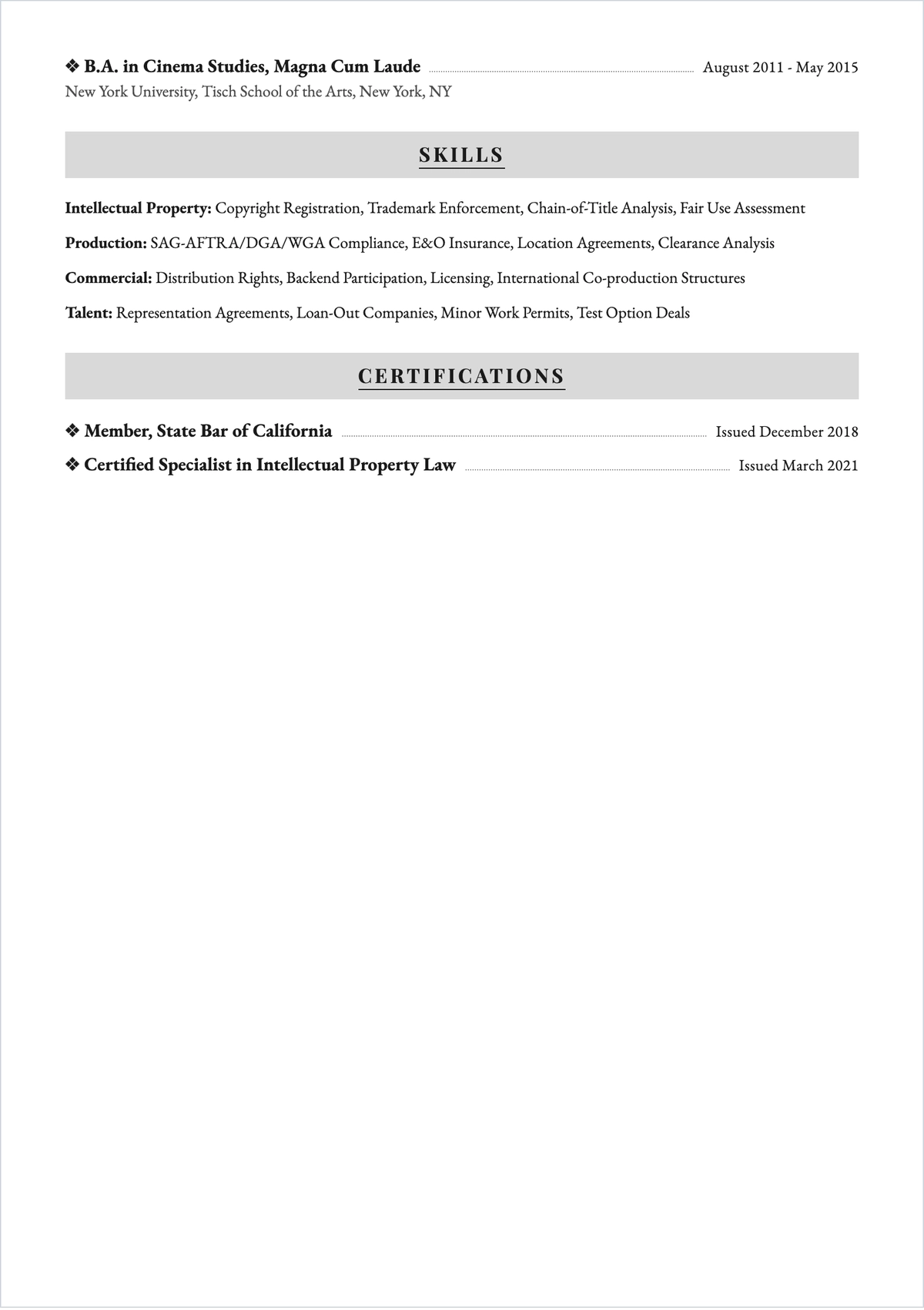 Free Sample Entertainment Lawyer ATS Resume Template