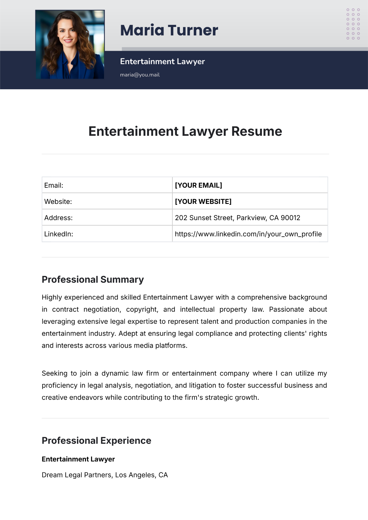 Free Sample Entertainment Lawyer Resume Template