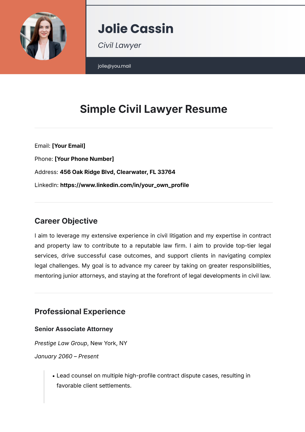 Free Simple Civil Lawyer Resume Template