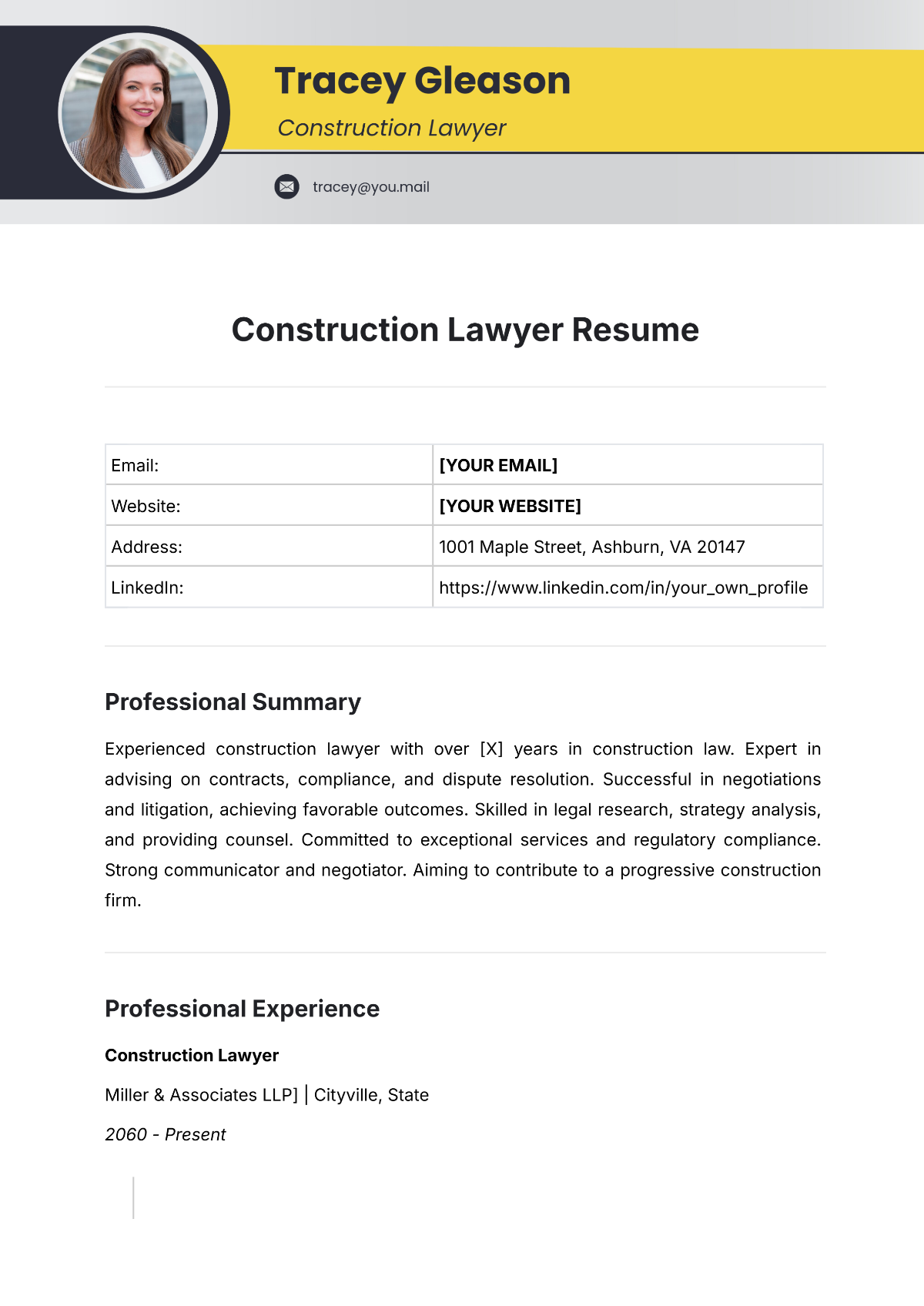 Free Construction Lawyer Resume Template