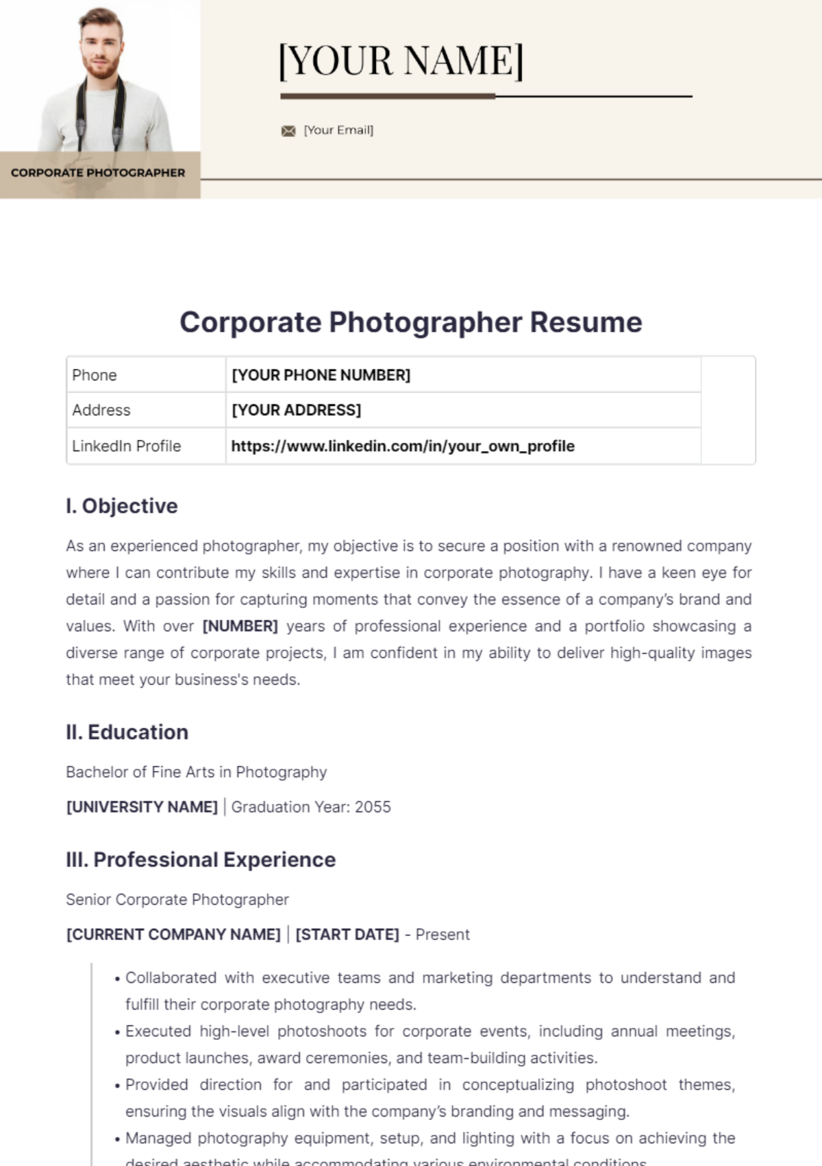 Corporate Photographer Resume - Edit Online & Download