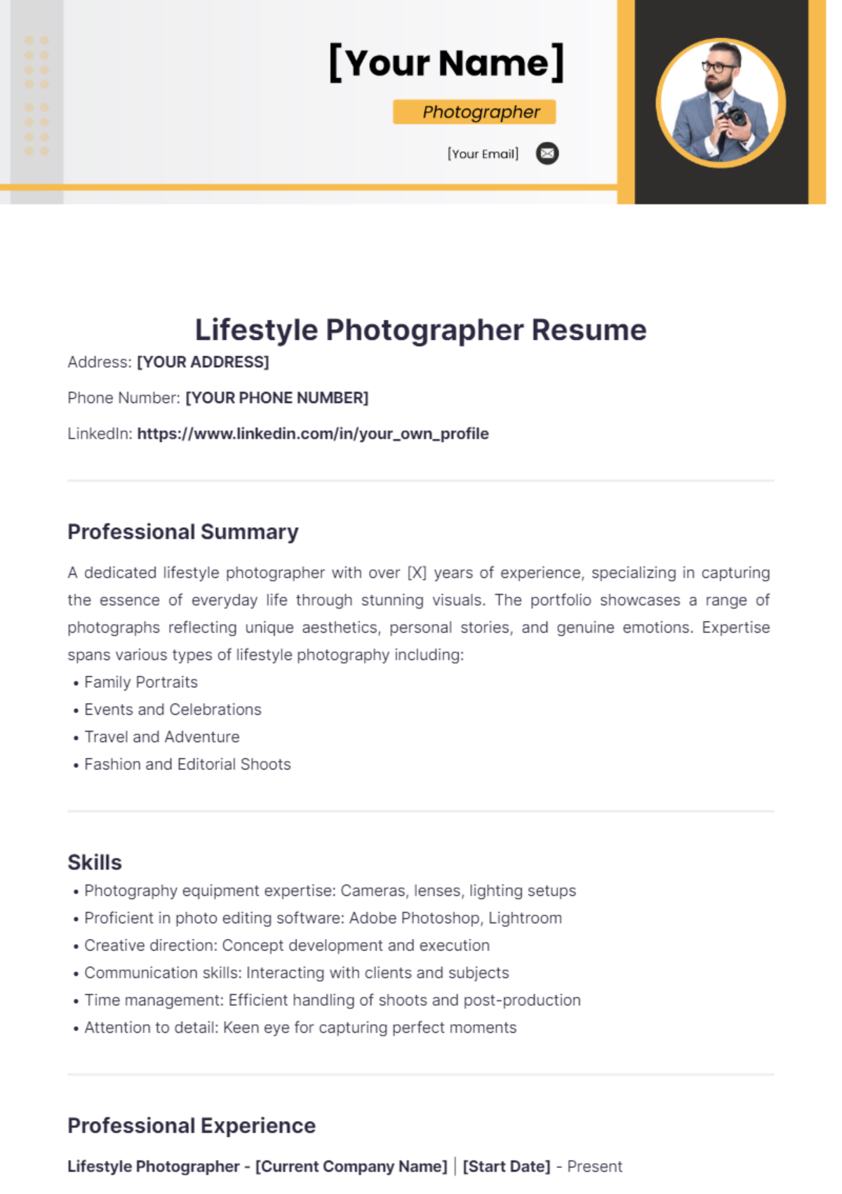 Lifestyle Photographer Resume - Edit Online & Download