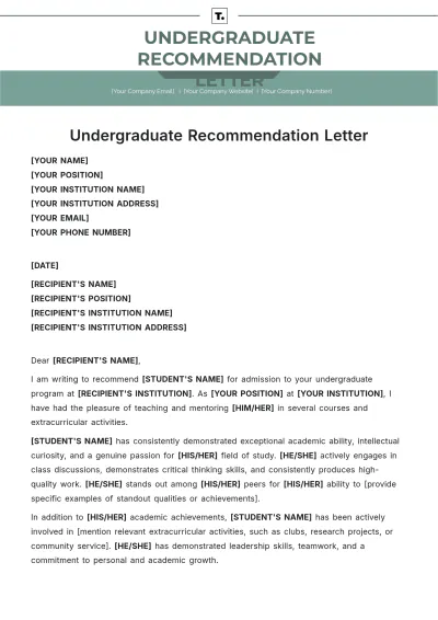 Free Undergraduate Recommendation Letter Template to Edit Online