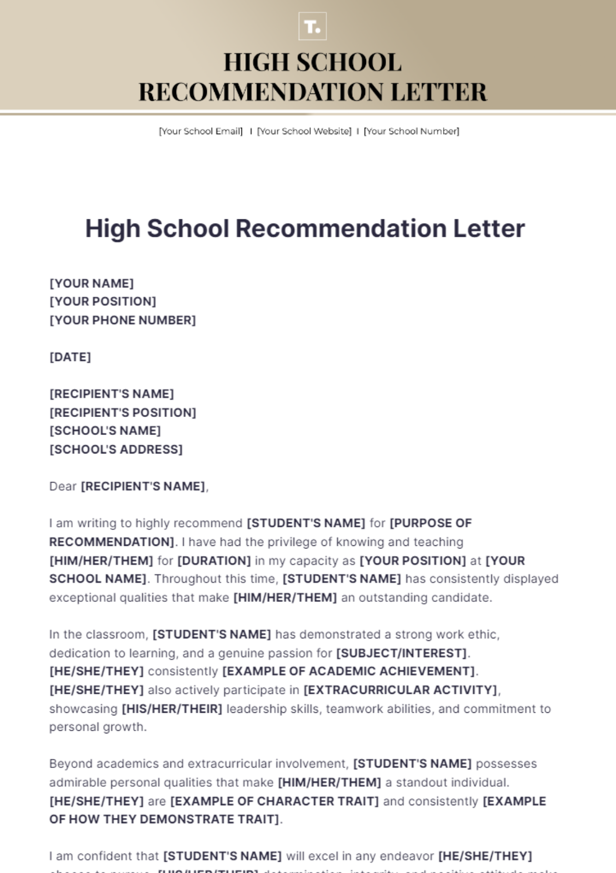 High School Recommendation Letter Template - Edit Online & Download