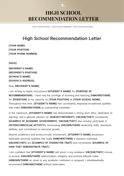 Free High School Recommendation Letter Template to Edit Online