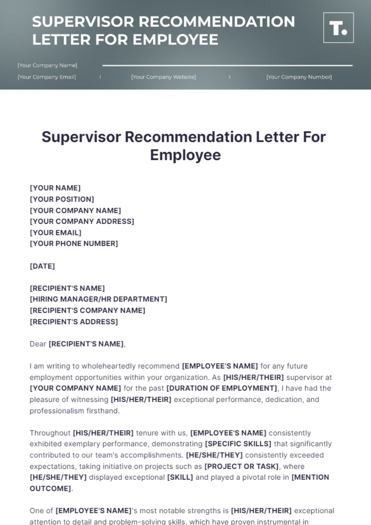 Supervisor Recommendation Letter For Employee Template - Edit Online & Download