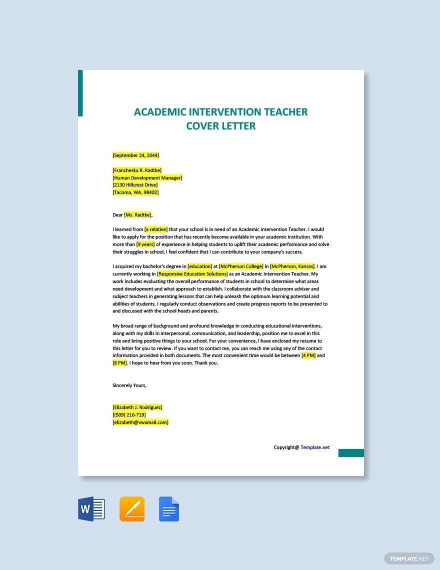Academic Intervention Teacher Cover Letter