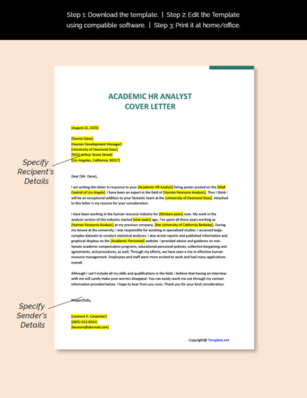 Academic HR Analyst Cover Letter Template
