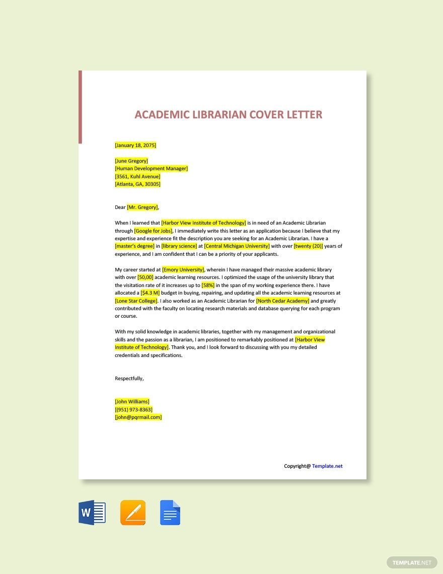 Academic Librarian Cover Letter Template